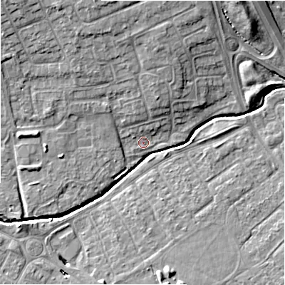 Shaded relief map of the ground around SN34BX, computed from Environment Agency LiDAR. The ground here sits at about 95 m above sea level and falls 10 m across the surrounding 800 m. Surface water reaching this point runs off ground lying to the north-north-west, 7.1 m higher.