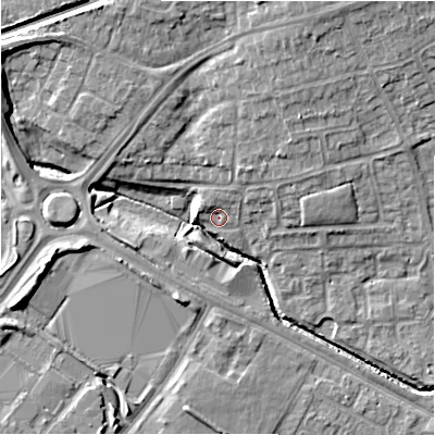 Shaded relief map of the ground around SN34EJ, computed from Environment Agency LiDAR. The ground here sits at about 97 m above sea level and falls 11 m across the surrounding 800 m. Surface water reaching this point runs off ground lying to the north-north-east, 4.7 m higher.