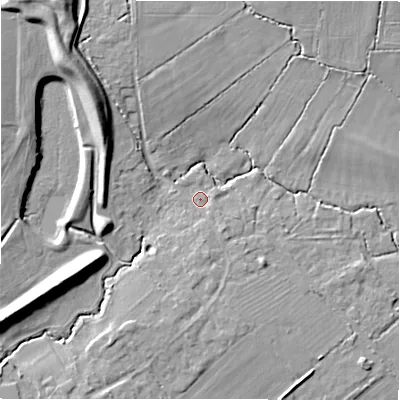 Shaded relief map of the ground around SN34SD, computed from Environment Agency LiDAR. The ground here sits at about 94 m above sea level and falls 13 m across the surrounding 800 m. Surface water reaching this point runs off ground lying to the south, 2.3 m higher.