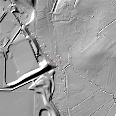 Shaded relief map of the ground around SN34SE, computed from Environment Agency LiDAR. The ground here sits at about 97 m above sea level and falls 19 m across the surrounding 800 m. Surface water reaching this point runs off ground lying to the north-north-west, 14.8 m higher.