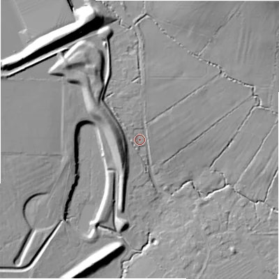 Shaded relief map of the ground around SN34SF, computed from Environment Agency LiDAR. The ground here sits at about 97 m above sea level and falls 17 m across the surrounding 800 m. Surface water reaching this point runs off ground lying to the north-west, 2.7 m higher.