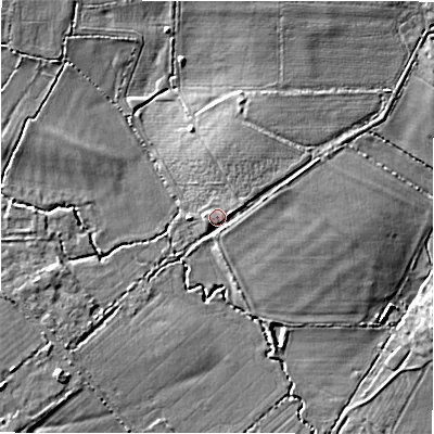 Shaded relief map of the ground around SN34SL, computed from Environment Agency LiDAR. The ground here sits at about 94 m above sea level and falls 9 m across the surrounding 800 m. Surface water reaching this point runs off ground lying to the north-north-east, 4.0 m higher.