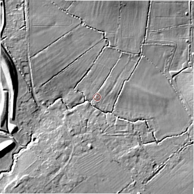 Shaded relief map of the ground around SN34SP, computed from Environment Agency LiDAR. The ground here sits at about 93 m above sea level and falls 13 m across the surrounding 800 m. Surface water reaching this point runs off ground lying to the north-north-east, 6.9 m higher.
