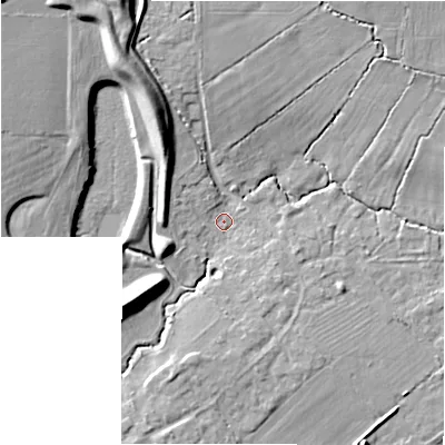 Shaded relief map of the ground around SN34SQ, computed from Environment Agency LiDAR. The ground here sits at about 94 m above sea level and falls 13 m across the surrounding 800 m. Surface water reaching this point runs off ground lying to the south-west, 8.4 m higher.