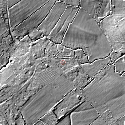 Shaded relief map of the ground around SN34SR, computed from Environment Agency LiDAR. The ground here sits at about 93 m above sea level and falls 8 m across the surrounding 800 m. Surface water reaching this point runs off ground lying to the south-west, 2.8 m higher.