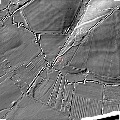 Shaded relief map of the ground around SN34SU, computed from Environment Agency LiDAR. The ground here sits at about 91 m above sea level and falls 12 m across the surrounding 800 m. Surface water reaching this point runs off ground lying to the north-east, 2.4 m higher.
