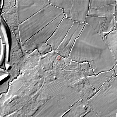 Shaded relief map of the ground around SN34SW, computed from Environment Agency LiDAR. The ground here sits at about 93 m above sea level and falls 13 m across the surrounding 800 m. Surface water reaching this point runs off ground lying to the west-north-west, 12.5 m higher.