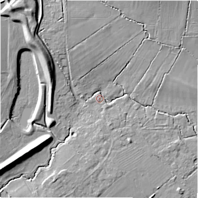 Shaded relief map of the ground around SN34TH, computed from Environment Agency LiDAR. The ground here sits at about 94 m above sea level and falls 14 m across the surrounding 800 m. Surface water reaching this point runs off ground lying to the north-west, 13.5 m higher.