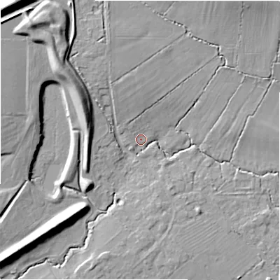 Shaded relief map of the ground around SN34UP, computed from Environment Agency LiDAR. The ground here sits at about 94 m above sea level and falls 17 m across the surrounding 800 m. Surface water reaching this point runs off ground lying to the north-north-west, 3.9 m higher.