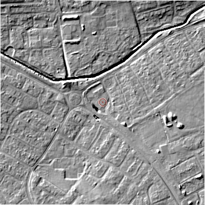 Shaded relief map of the ground around SN35AA, computed from Environment Agency LiDAR. The ground here sits at about 95 m above sea level and falls 7 m across the surrounding 800 m. Surface water reaching this point runs off ground lying to the east-south-east, 4.2 m higher.