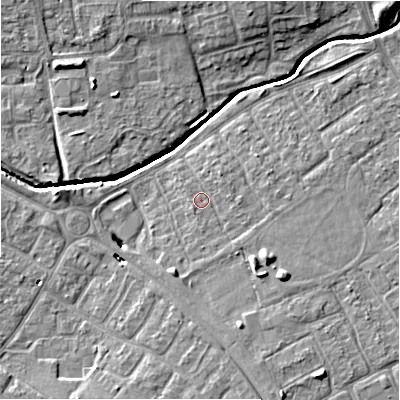 Shaded relief map of the ground around SN35AE, computed from Environment Agency LiDAR. The ground here sits at about 95 m above sea level and falls 7 m across the surrounding 800 m. Surface water reaching this point runs off ground lying to the south-east, 1.0 m higher.