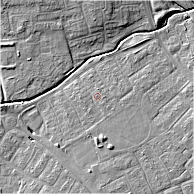 Shaded relief map of the ground around SN35AF, computed from Environment Agency LiDAR. The ground here sits at about 95 m above sea level and falls 7 m across the surrounding 800 m. Surface water reaching this point runs off ground lying to the south-east, 1.0 m higher.