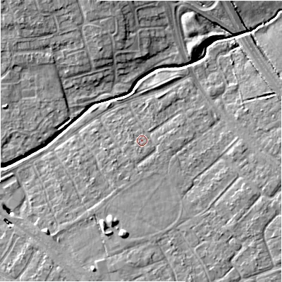 Shaded relief map of the ground around SN35AH, computed from Environment Agency LiDAR. The ground here sits at about 95 m above sea level and falls 8 m across the surrounding 800 m. Surface water reaching this point runs off ground lying to the south, 1.2 m higher.