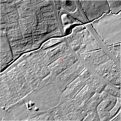 Shaded relief map of the ground around SN35AJ, computed from Environment Agency LiDAR. The ground here sits at about 94 m above sea level and falls 9 m across the surrounding 800 m. Surface water reaching this point runs off ground lying to the south-west, 4.7 m higher.