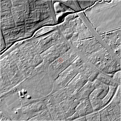 Shaded relief map of the ground around SN35AL, computed from Environment Agency LiDAR. The ground here sits at about 95 m above sea level and falls 8 m across the surrounding 800 m. Surface water reaching this point runs off ground lying to the south-south-west, 3.1 m higher.