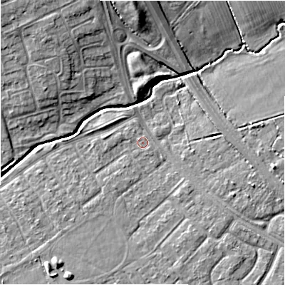 Shaded relief map of the ground around SN35BH, computed from Environment Agency LiDAR. The ground here sits at about 94 m above sea level and falls 10 m across the surrounding 800 m. Surface water reaching this point runs off ground lying to the south-south-west, 2.9 m higher.