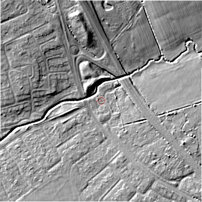Shaded relief map of the ground around SN35BJ, computed from Environment Agency LiDAR. The ground here sits at about 93 m above sea level and falls 12 m across the surrounding 800 m. Surface water reaching this point runs off ground lying to the south-east, 3.7 m higher.