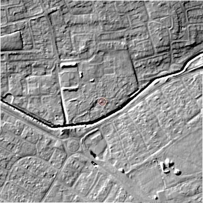 Shaded relief map of the ground around SN35BL, computed from Environment Agency LiDAR. The ground here sits at about 97 m above sea level and falls 9 m across the surrounding 800 m. Surface water reaching this point runs off ground lying to the west, 1.4 m higher.