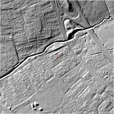 Shaded relief map of the ground around SN35BQ, computed from Environment Agency LiDAR. The ground here sits at about 95 m above sea level and falls 10 m across the surrounding 800 m. Surface water reaching this point runs off ground lying to the south-south-west, 4.7 m higher.