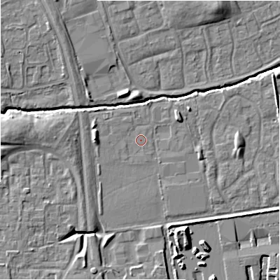 Shaded relief map of the ground around SN35DA, computed from Environment Agency LiDAR. The ground here sits at about 96 m above sea level and falls 11 m across the surrounding 800 m. The ground contributing surface water to this point lies to the west-south-west.