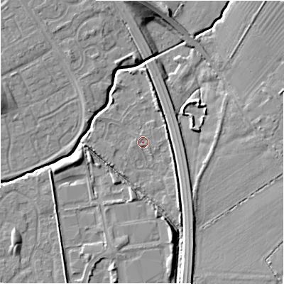 Shaded relief map of the ground around SN35DN, computed from Environment Agency LiDAR. The ground here sits at about 94 m above sea level and falls 10 m across the surrounding 800 m. Surface water reaching this point runs off ground lying to the east, 1.6 m higher.