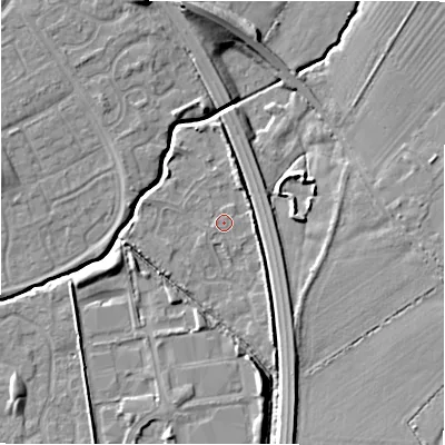Shaded relief map of the ground around SN35DP, computed from Environment Agency LiDAR. The ground here sits at about 94 m above sea level and falls 11 m across the surrounding 800 m. Surface water reaching this point runs off ground lying to the south-west, 0.6 m higher.