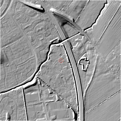 Shaded relief map of the ground around SN35DR, computed from Environment Agency LiDAR. The ground here sits at about 94 m above sea level and falls 12 m across the surrounding 800 m. Surface water reaching this point runs off ground lying to the north-east, 2.4 m higher.