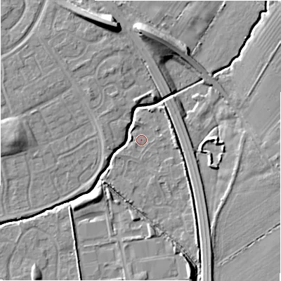 Shaded relief map of the ground around SN35DS, computed from Environment Agency LiDAR. The ground here sits at about 94 m above sea level and falls 12 m across the surrounding 800 m. Surface water reaching this point runs off ground lying to the south-south-east, 5.4 m higher.