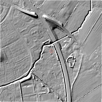 Shaded relief map of the ground around SN35DT, computed from Environment Agency LiDAR. The ground here sits at about 93 m above sea level and falls 12 m across the surrounding 800 m. Surface water reaching this point runs off ground lying to the east-south-east, 5.4 m higher.