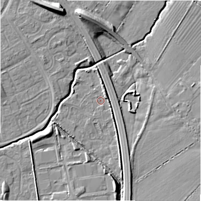 Shaded relief map of the ground around SN35DX, computed from Environment Agency LiDAR. The ground here sits at about 93 m above sea level and falls 12 m across the surrounding 800 m. Surface water reaching this point runs off ground lying to the north-north-east, 2.1 m higher.
