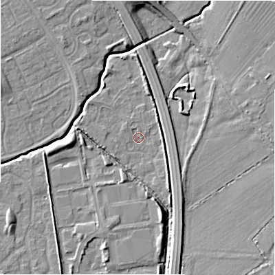 Shaded relief map of the ground around SN35DZ, computed from Environment Agency LiDAR. The ground here sits at about 94 m above sea level and falls 9 m across the surrounding 800 m. Surface water reaching this point runs off ground lying to the north-east, 1.9 m higher.
