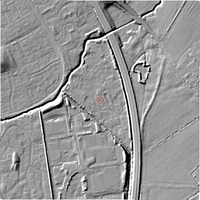 Shaded relief map of the ground around SN35EA, computed from Environment Agency LiDAR. The ground here sits at about 94 m above sea level and falls 9 m across the surrounding 800 m. Surface water reaching this point runs off ground lying to the north-west, 1.3 m higher.