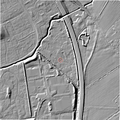 Shaded relief map of the ground around SN35EB, computed from Environment Agency LiDAR. The ground here sits at about 93 m above sea level and falls 9 m across the surrounding 800 m. Surface water reaching this point runs off ground lying to the north-west, 1.3 m higher.