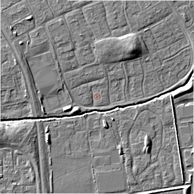 Shaded relief map of the ground around SN35EF, computed from Environment Agency LiDAR. The ground here sits at about 95 m above sea level and falls 7 m across the surrounding 800 m. Surface water reaching this point runs off ground lying to the north-west, 3.8 m higher.