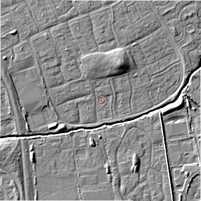 Shaded relief map of the ground around SN35EG, computed from Environment Agency LiDAR. The ground here sits at about 95 m above sea level and falls 8 m across the surrounding 800 m. Surface water reaching this point runs off ground lying to the north, 0.8 m higher.