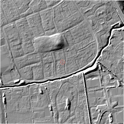 Shaded relief map of the ground around SN35EH, computed from Environment Agency LiDAR. The ground here sits at about 95 m above sea level and falls 8 m across the surrounding 800 m. Surface water reaching this point runs off ground lying to the north-north-west, 4.5 m higher.