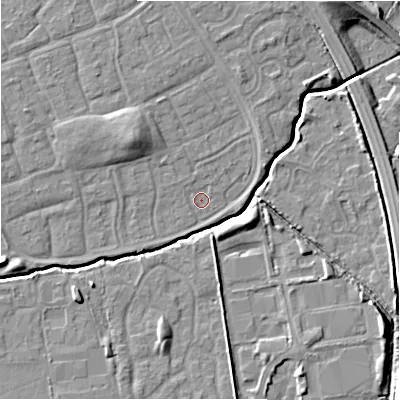 Shaded relief map of the ground around SN35EJ, computed from Environment Agency LiDAR. The ground here sits at about 95 m above sea level and falls 8 m across the surrounding 800 m. Surface water reaching this point runs off ground lying to the north-west, 5.2 m higher.