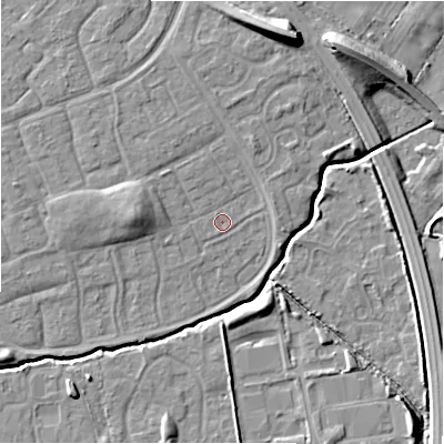 Shaded relief map of the ground around SN35EL, computed from Environment Agency LiDAR. The ground here sits at about 95 m above sea level and falls 11 m across the surrounding 800 m. Surface water reaching this point runs off ground lying to the west, 5.2 m higher.