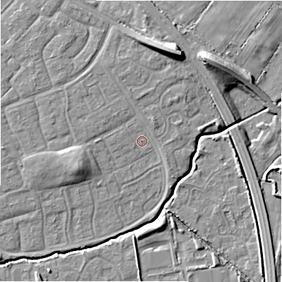 Shaded relief map of the ground around SN35EP, computed from Environment Agency LiDAR. The ground here sits at about 95 m above sea level and falls 11 m across the surrounding 800 m. Surface water reaching this point runs off ground lying to the west-south-west, 4.6 m higher.