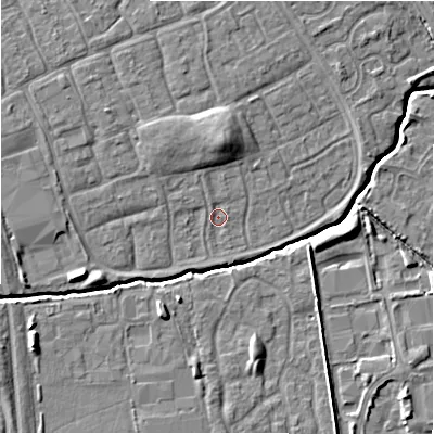Shaded relief map of the ground around SN35EQ, computed from Environment Agency LiDAR. The ground here sits at about 95 m above sea level and falls 8 m across the surrounding 800 m. Surface water reaching this point runs off ground lying to the north, 4.0 m higher.