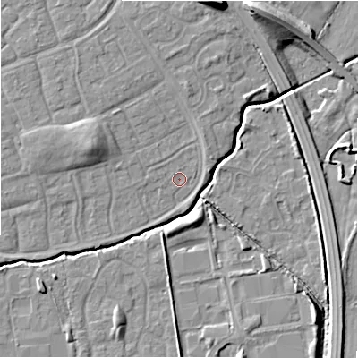 Shaded relief map of the ground around SN35ET, computed from Environment Agency LiDAR. The ground here sits at about 94 m above sea level and falls 11 m across the surrounding 800 m. Surface water reaching this point runs off ground lying to the west-north-west, 5.2 m higher.