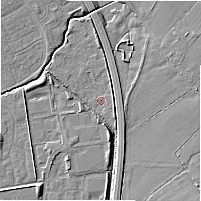 Shaded relief map of the ground around SN35EU, computed from Environment Agency LiDAR. The ground here sits at about 94 m above sea level and falls 8 m across the surrounding 800 m. Surface water reaching this point runs off ground lying to the east-south-east, 2.5 m higher.