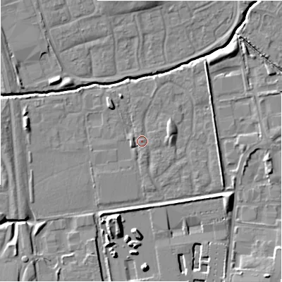 Shaded relief map of the ground around SN35HP, computed from Environment Agency LiDAR. The ground here sits at about 96 m above sea level and falls 12 m across the surrounding 800 m. Surface water reaching this point runs off ground lying to the north-north-west, 0.6 m higher.