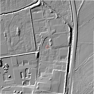 Shaded relief map of the ground around SN35HQ, computed from Environment Agency LiDAR. The ground here sits at about 94 m above sea level and falls 11 m across the surrounding 800 m. Surface water reaching this point runs off ground lying to the south-south-east, 7.4 m higher.