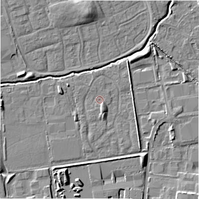 Shaded relief map of the ground around SN35HR, computed from Environment Agency LiDAR. The ground here sits at about 95 m above sea level and falls 12 m across the surrounding 800 m. Surface water reaching this point runs off ground lying to the west, 4.6 m higher.
