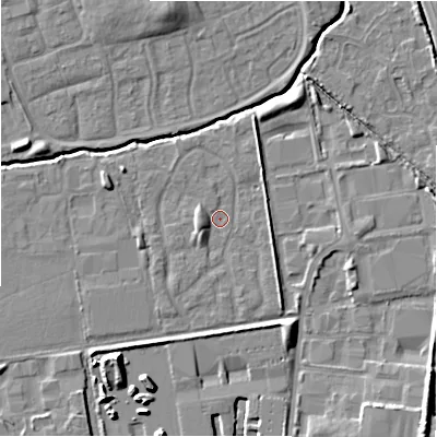 Shaded relief map of the ground around SN35HT, computed from Environment Agency LiDAR. The ground here sits at about 95 m above sea level and falls 12 m across the surrounding 800 m. Surface water reaching this point runs off ground lying to the west-south-west, 2.9 m higher.