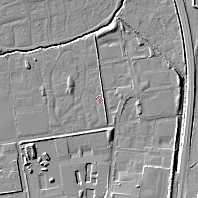Shaded relief map of the ground around SN35JG, computed from Environment Agency LiDAR. The ground here sits at about 95 m above sea level and falls 12 m across the surrounding 800 m. Surface water reaching this point runs off ground lying to the south-west, 9.8 m higher.