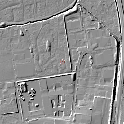 Shaded relief map of the ground around SN35JQ, computed from Environment Agency LiDAR. The ground here sits at about 95 m above sea level and falls 11 m across the surrounding 800 m. Surface water reaching this point runs off ground lying to the north-east, 1.9 m higher.