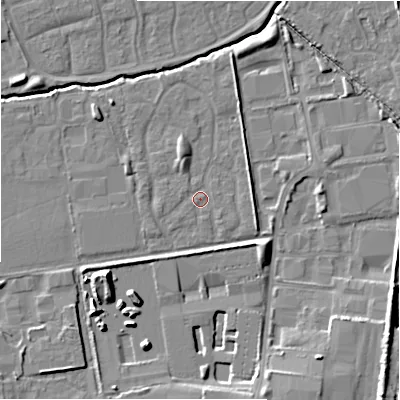 Shaded relief map of the ground around SN35LB, computed from Environment Agency LiDAR. The ground here sits at about 95 m above sea level and falls 11 m across the surrounding 800 m. Surface water reaching this point runs off ground lying to the south-west, 0.8 m higher.