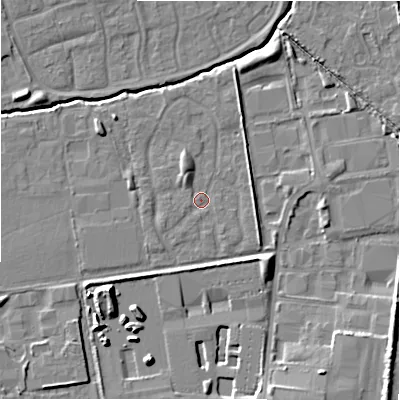 Shaded relief map of the ground around SN35LD, computed from Environment Agency LiDAR. The ground here sits at about 95 m above sea level and falls 12 m across the surrounding 800 m. Surface water reaching this point runs off ground lying to the north-north-west, 2.9 m higher.